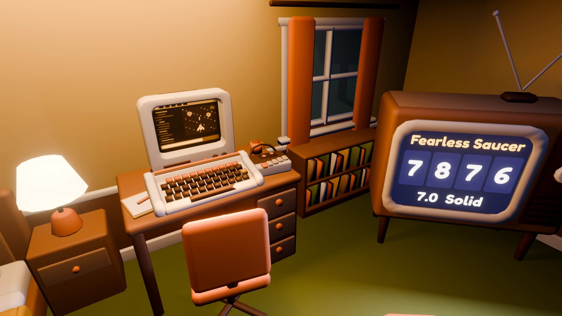 A bedroom desk at night with a glowing retro computer; the TV beside it shows the game Fearless Saucer scored 7, 8, 7 and 6: 7.0, Solid.