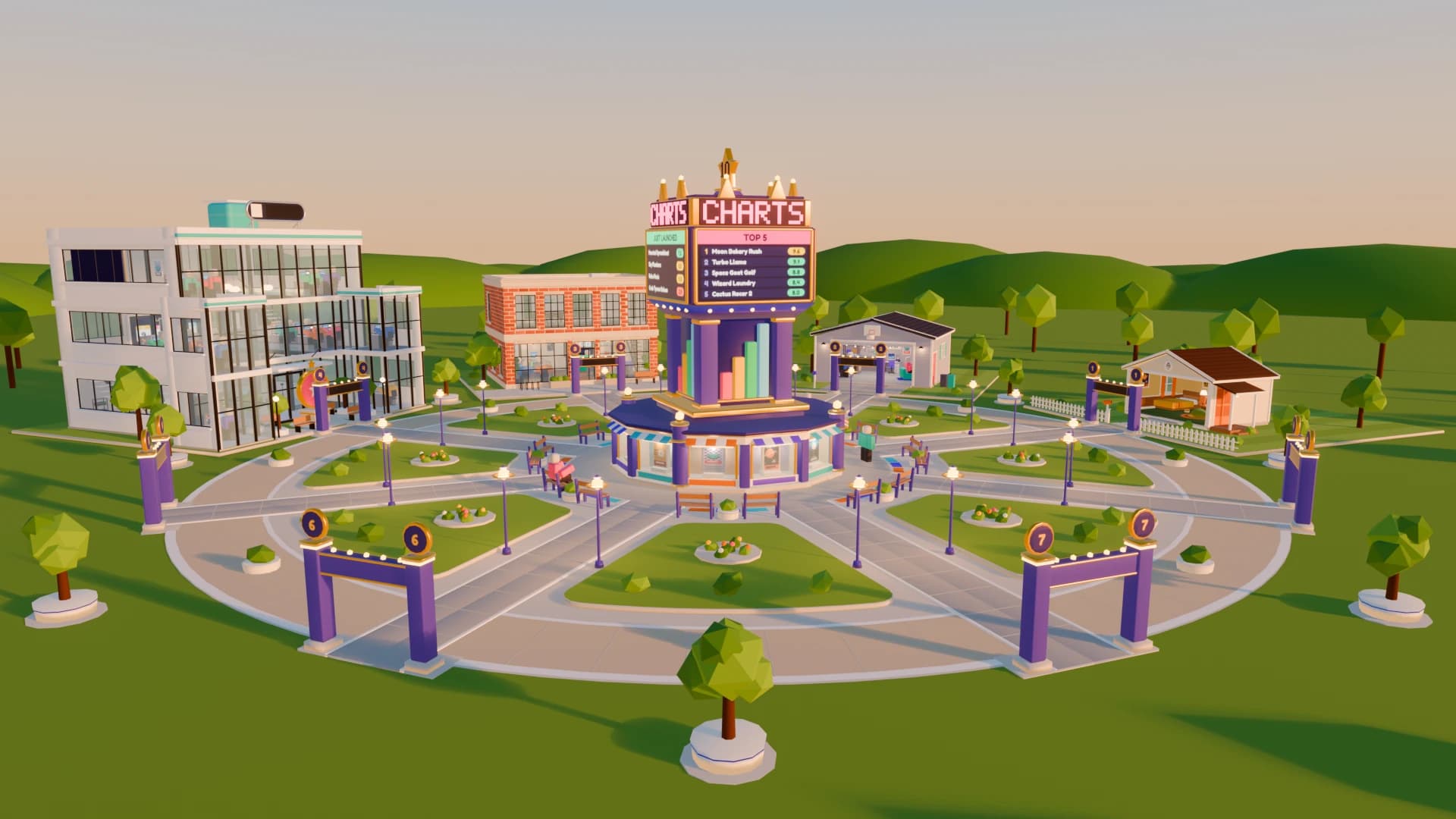 A plaza at golden hour: the Charts Tower in the middle and, on the ring around it, studios of every size, from a small house to a glass office building.