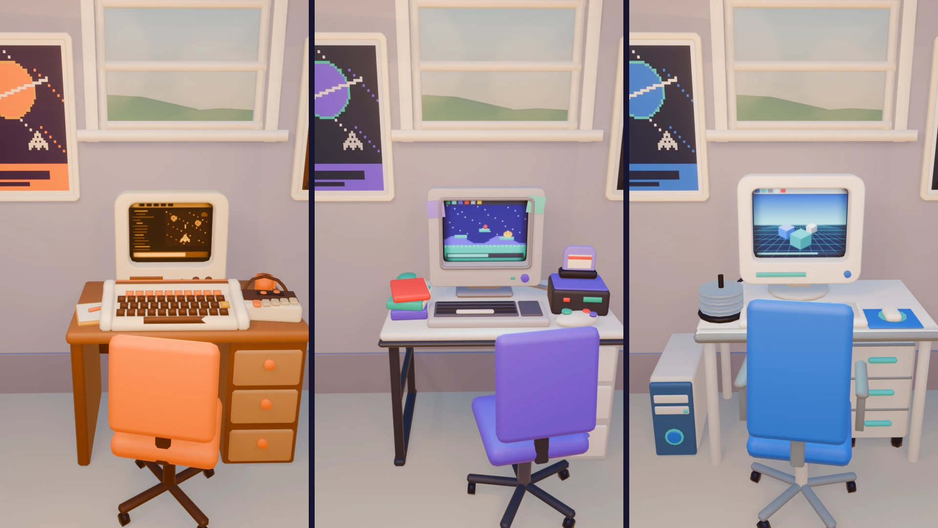 The same desk in three eras: a beige home computer, a cartridge-era machine in grey and purple, and a disc-era PC in silver and blue.