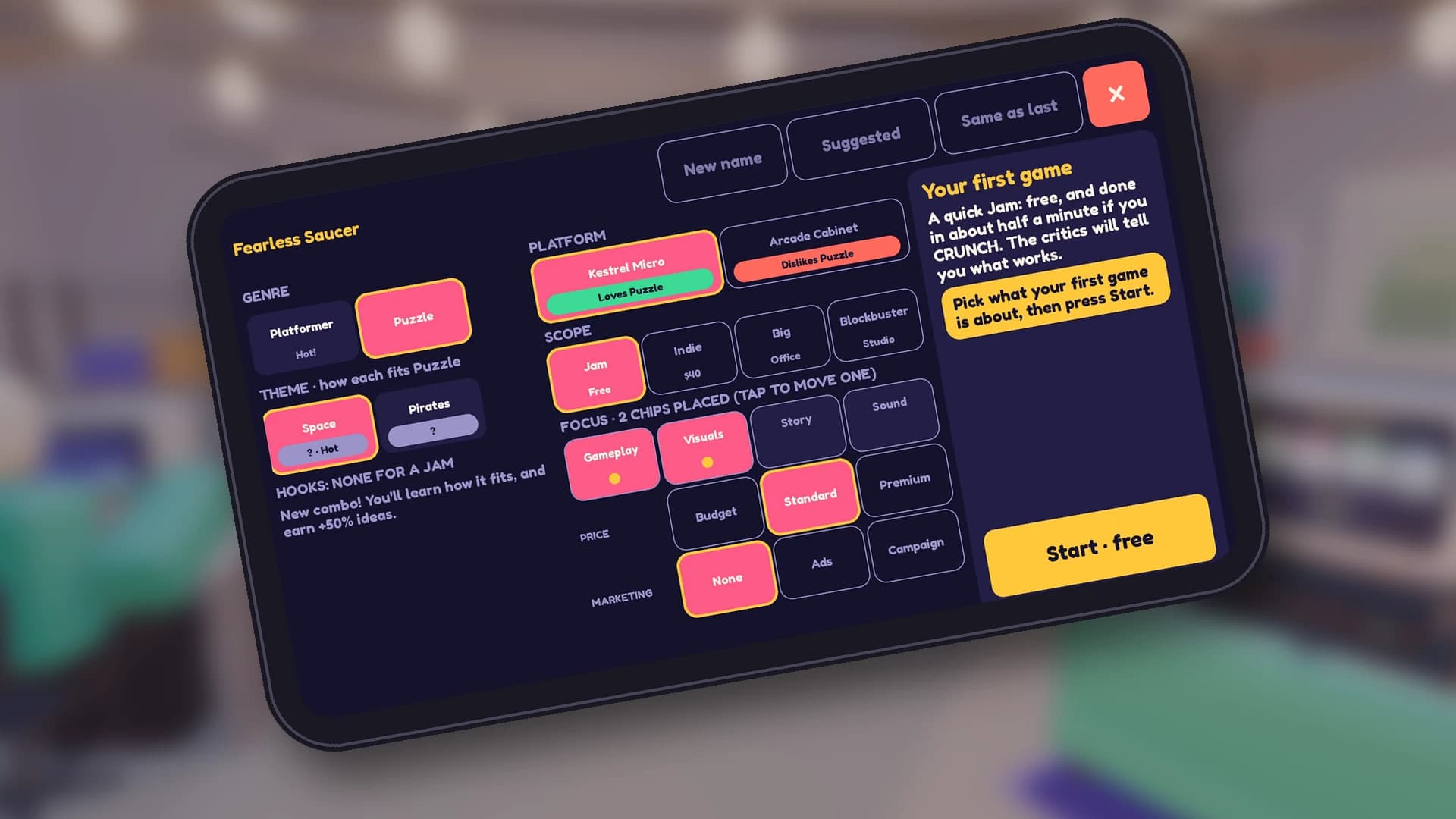 The Design card on a phone: genre, theme, platform, scope, focus, price and marketing choices for a first game, with a Start button.